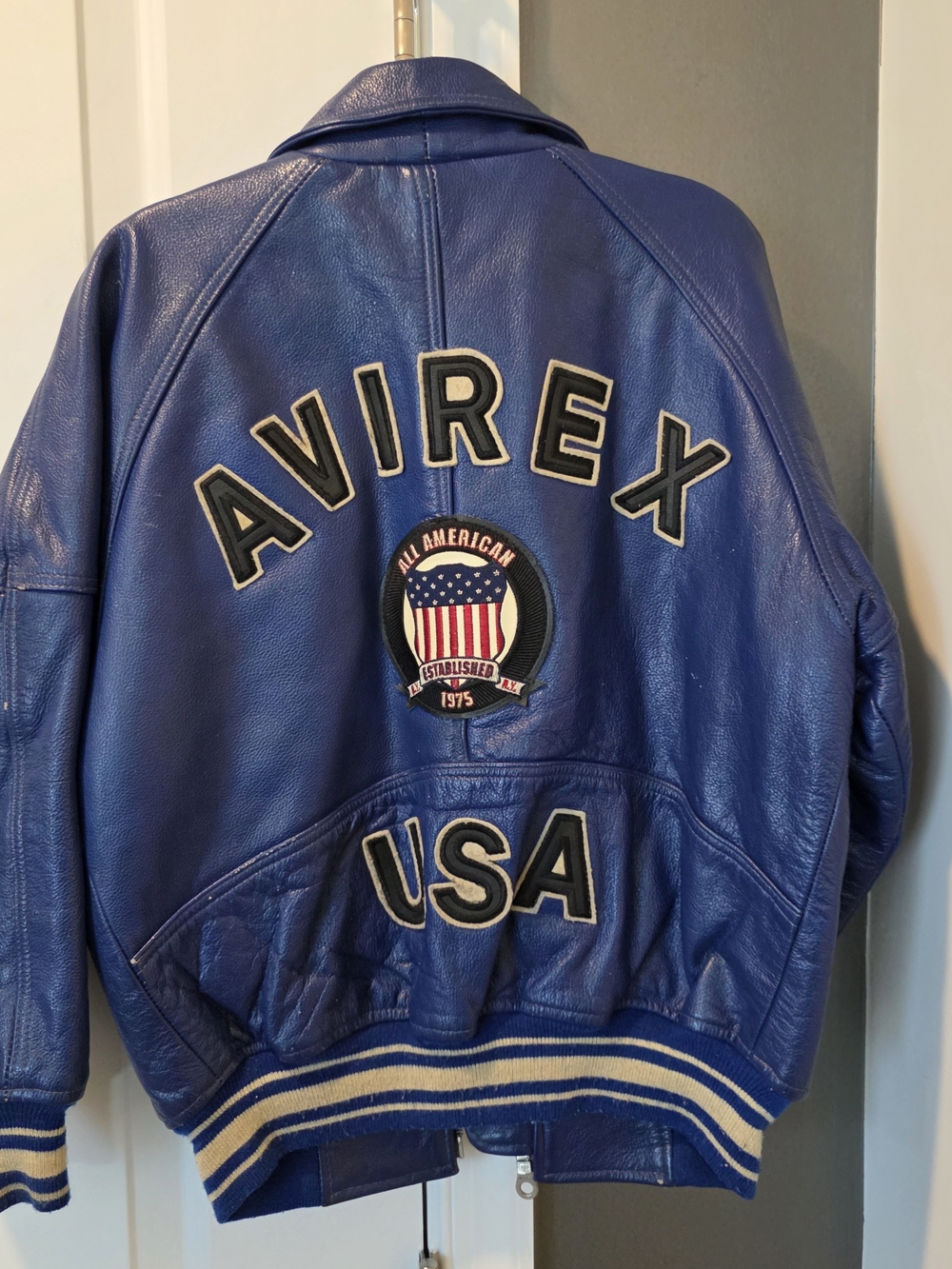 Avirex Blue Leather Jacket with USA Patch